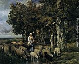 Charles Emile Jacque Wall Art - Shepherdess watering flock
